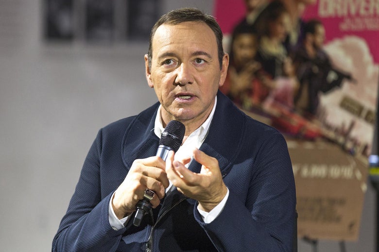Kevin Spacey talks on stage at the Petersen Automotive Museum on October 4, 2017 in Los Angeles, California.